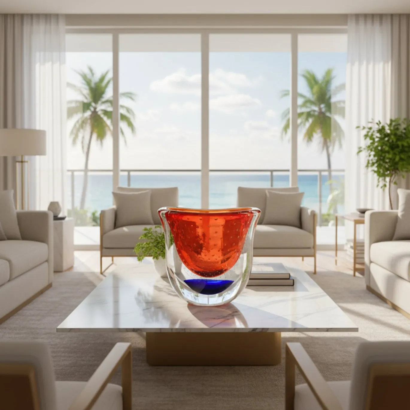 Vaso scultoreo in vetro di Murano rosso e blu Gran Sommerso