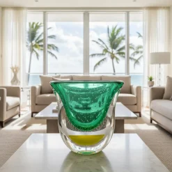 Vaso scultoreo in vetro di Murano verde e rosso Gran Sommerso