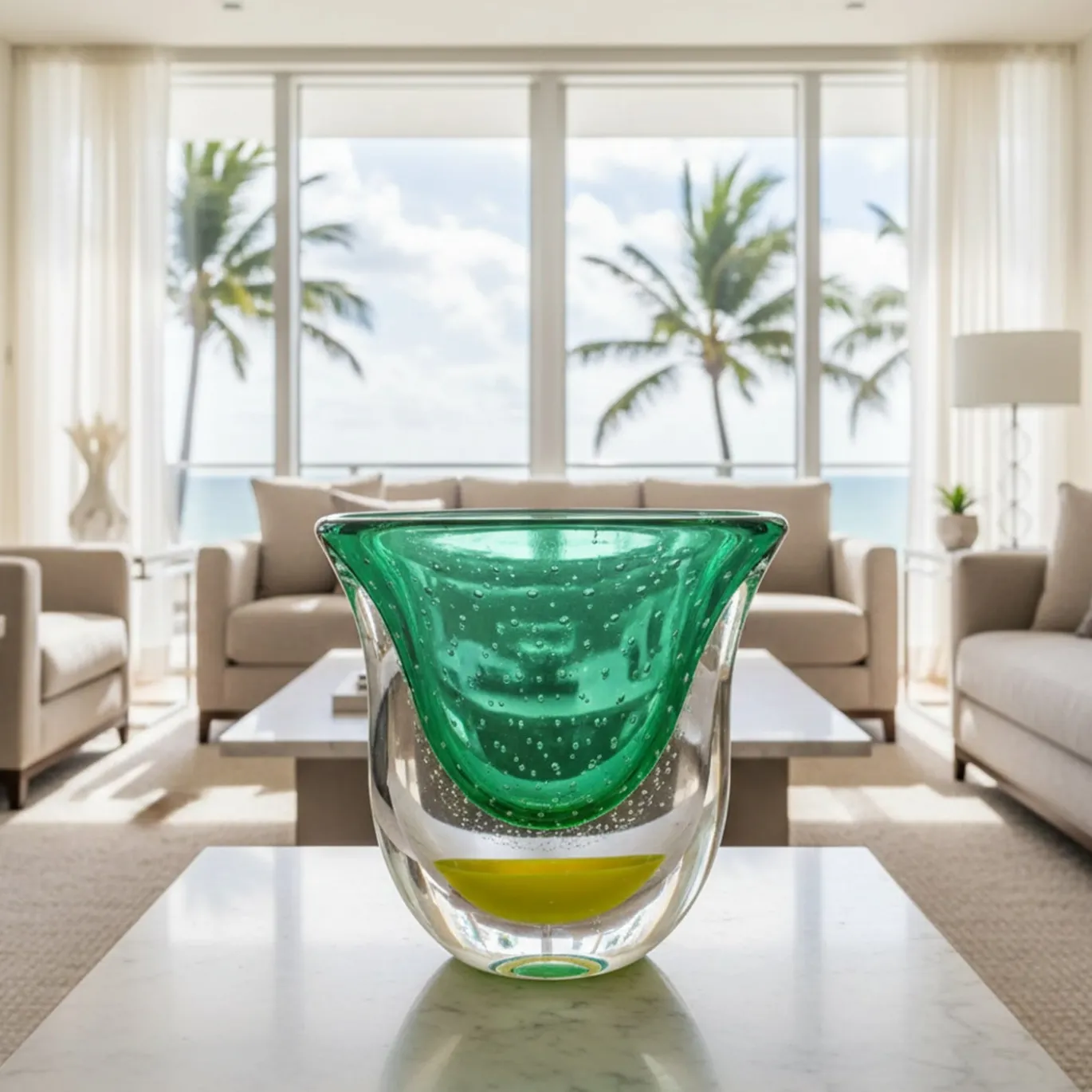 Vaso scultoreo in vetro di Murano verde e rosso Gran Sommerso