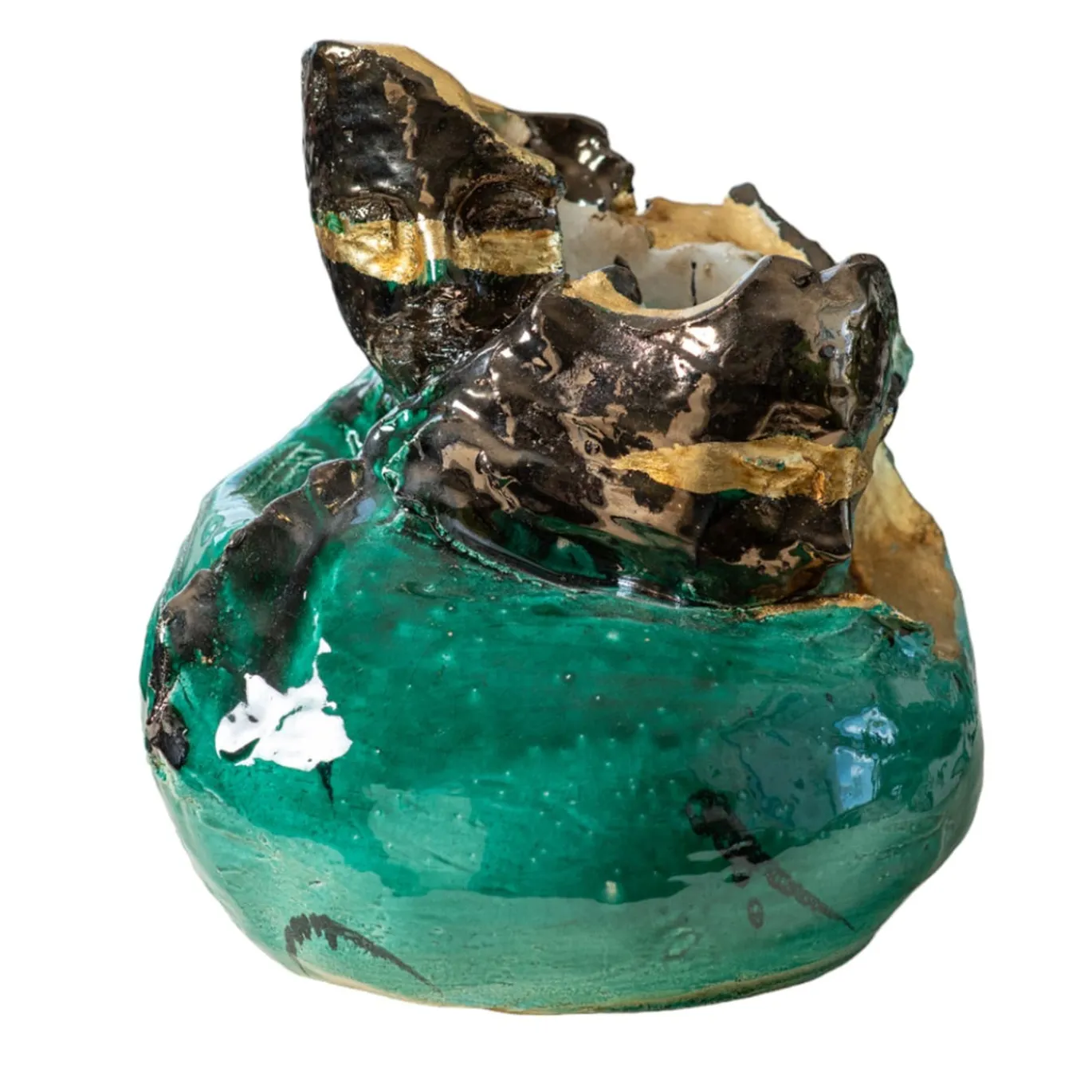 Vaso scultura in ceramica policroma L'abbraccio