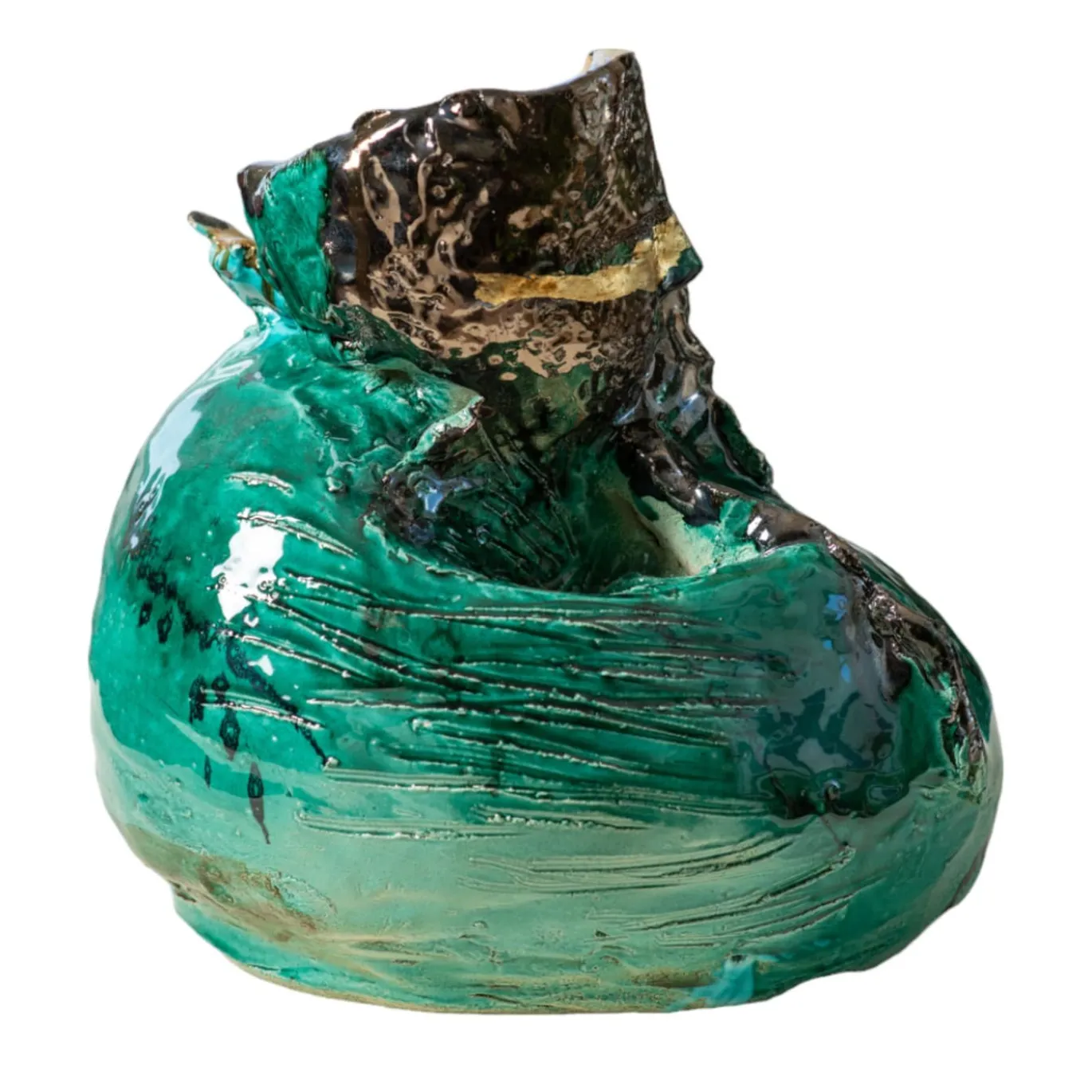Vaso scultura in ceramica policroma L'abbraccio