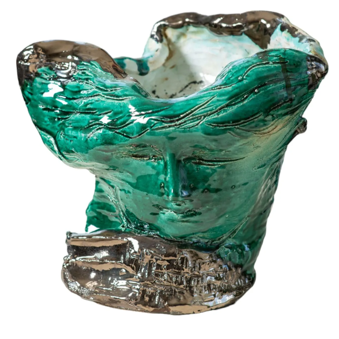 Vaso scultura in ceramica policroma Onda Marina