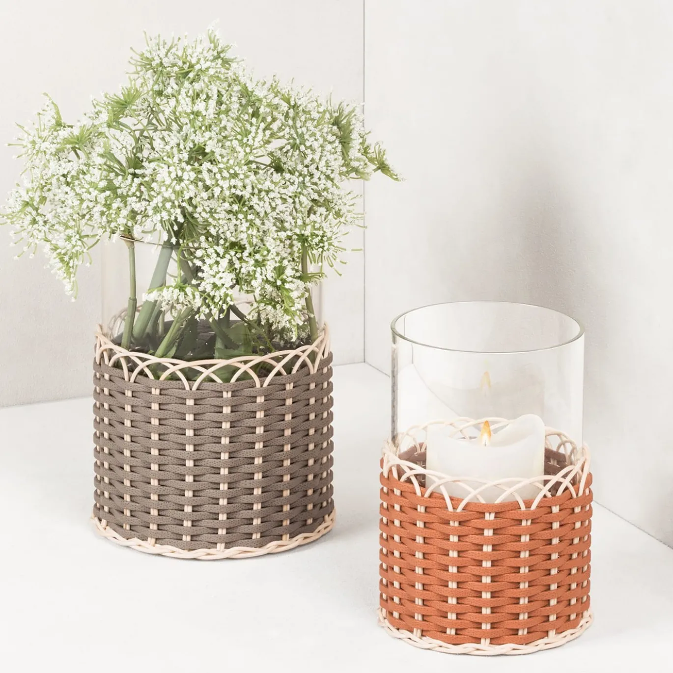 Wideville Portacandele in pelle e rattan - Arancione Grande